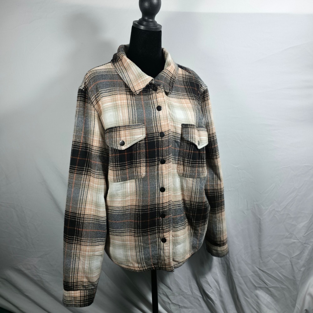 Lucky Brand Womens XL Plaid Sherpa Lined Flannel Shacket Jacket Tan Black W450